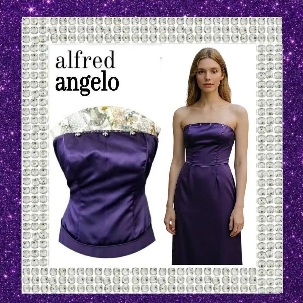 Formal Rhinestone Embellished Bodice Strapless Purple Satin Long Gown Dress